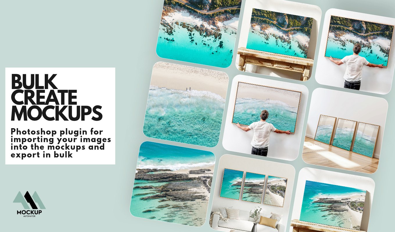 Bulk create mockups in Photoshop — a grid of coastal artwork files turned into framed wall-art and interior mockups by Mockup Automator.