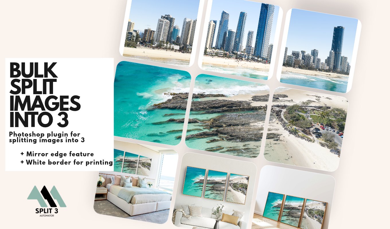 Bulk split images into 3 in Photoshop — wide coastal photographs cut into matching triptych panels by Split 3 Automator, shown framed on a wall.