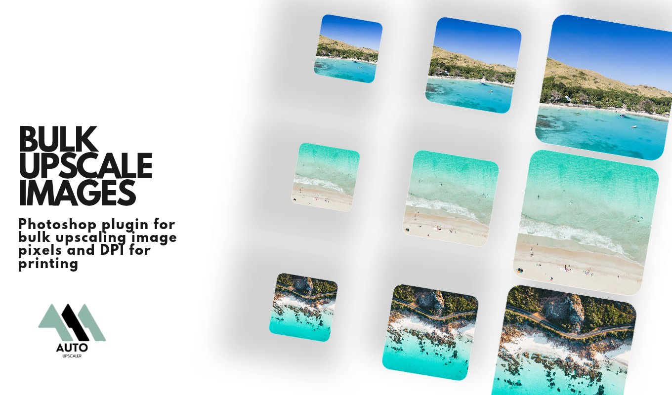 Bulk upscale images in Photoshop — small coastal photographs enlarged to print-ready pixel sizes and DPI by Auto Upscaler.