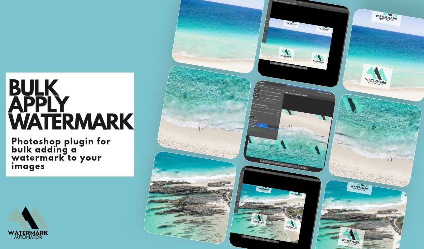 Bulk apply a watermark in Photoshop — a batch of aerial beach photographs stamped with a logo watermark by Watermark Automator.