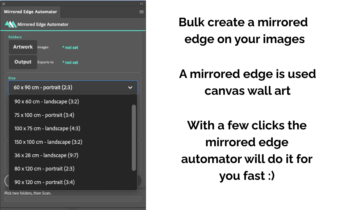 The Mirrored Edge Automator panel with the size dropdown open, showing portrait and landscape presets from 90 by 60 cm up to 90 by 120 cm, alongside a note explaining that a mirrored edge is the gallery wrap used on canvas wall art.