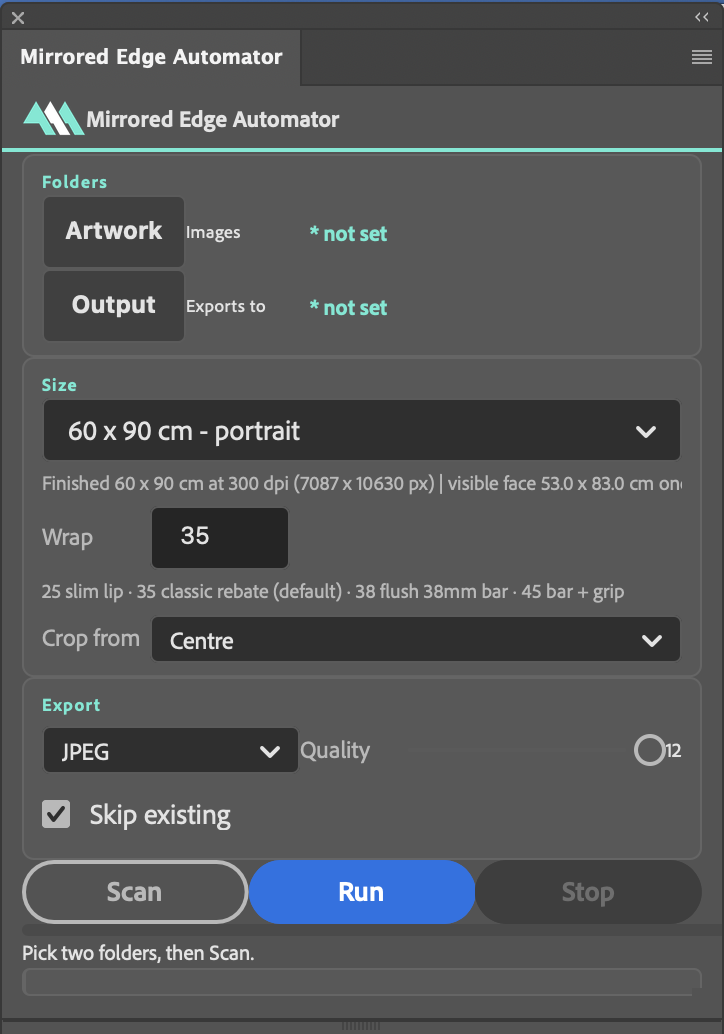 The Mirrored Edge Automator panel showing the size dropdown, wrap depth field, crop-from dropdown and export settings.
