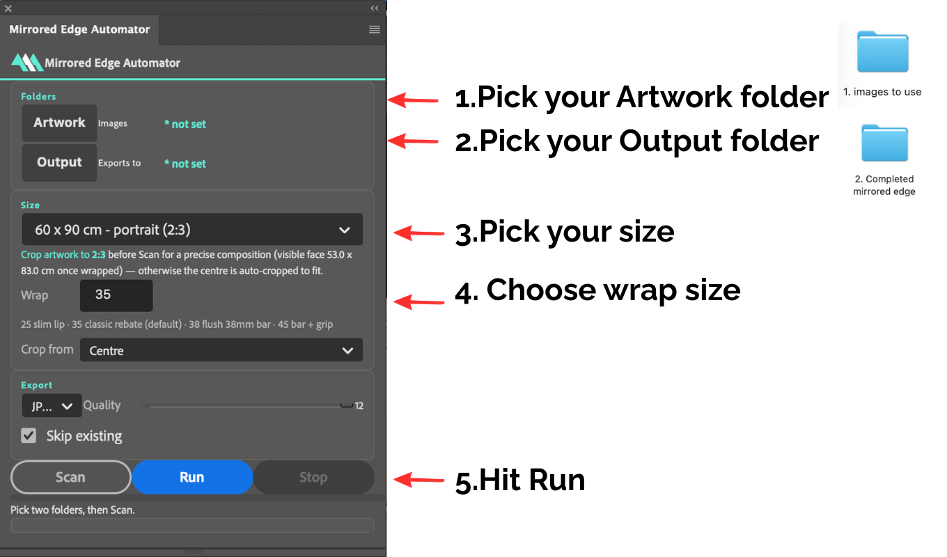 The Mirrored Edge Automator panel annotated with numbered steps: pick your Artwork folder, pick your Output folder, pick your size, choose your wrap depth, and hit Run.