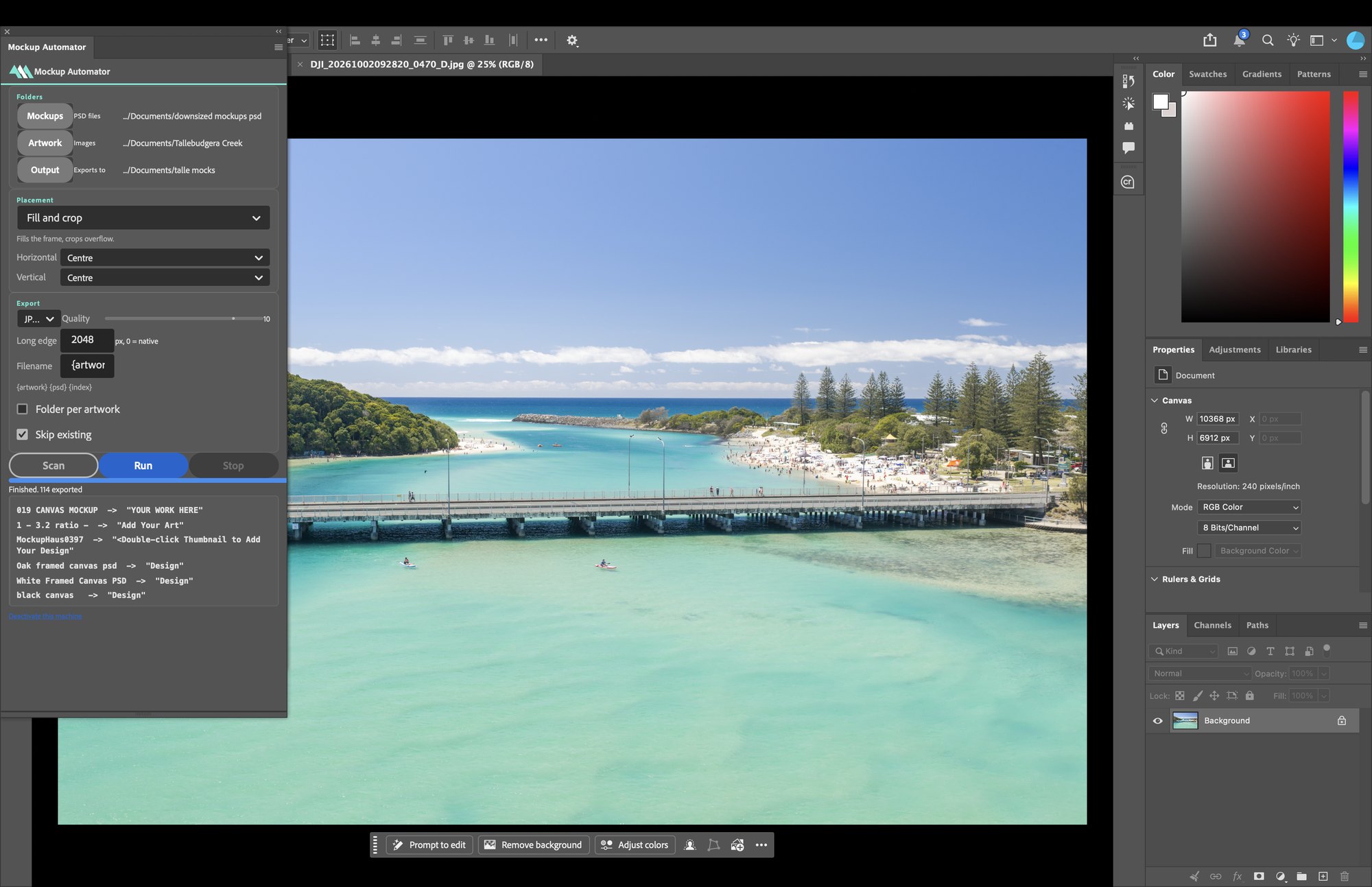 The Mockup Automator panel docked in Photoshop beside an open aerial beach photograph, with the run log reading Finished, 114 exported.