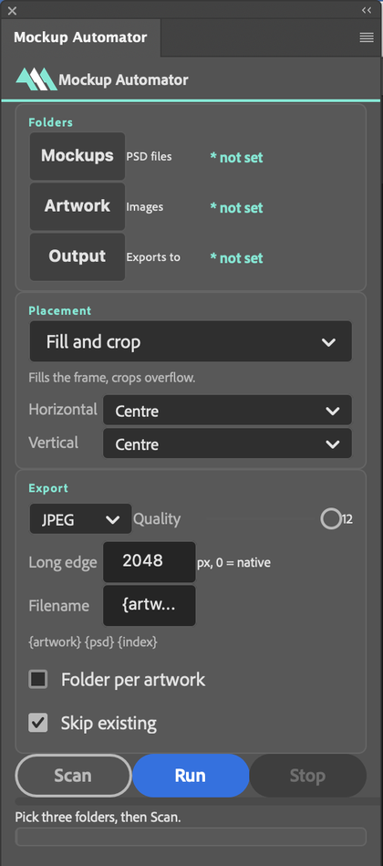 The Mockup Automator panel showing folder pickers, placement and export settings, and the Scan, Run and Stop buttons.