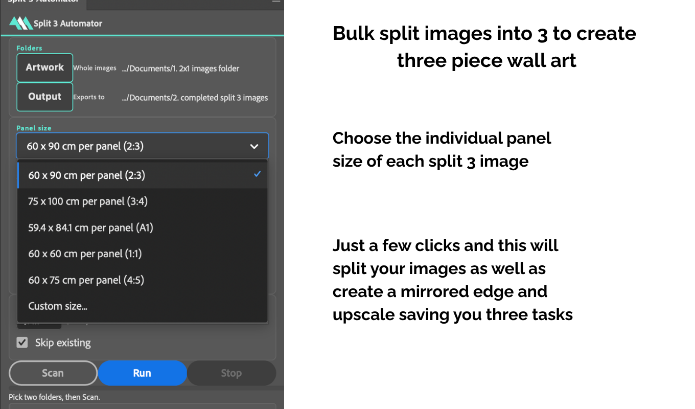 The Split 3 Automator panel with the panel size dropdown open, showing per-panel presets from 60 by 90 cm to 60 by 75 cm plus a custom option, beside a note that one run splits, mirrors the edge and upscales.