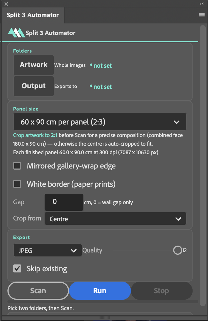 The Split 3 Automator panel showing the panel size dropdown, edge treatment checkboxes, gap and crop-from controls, and export settings.