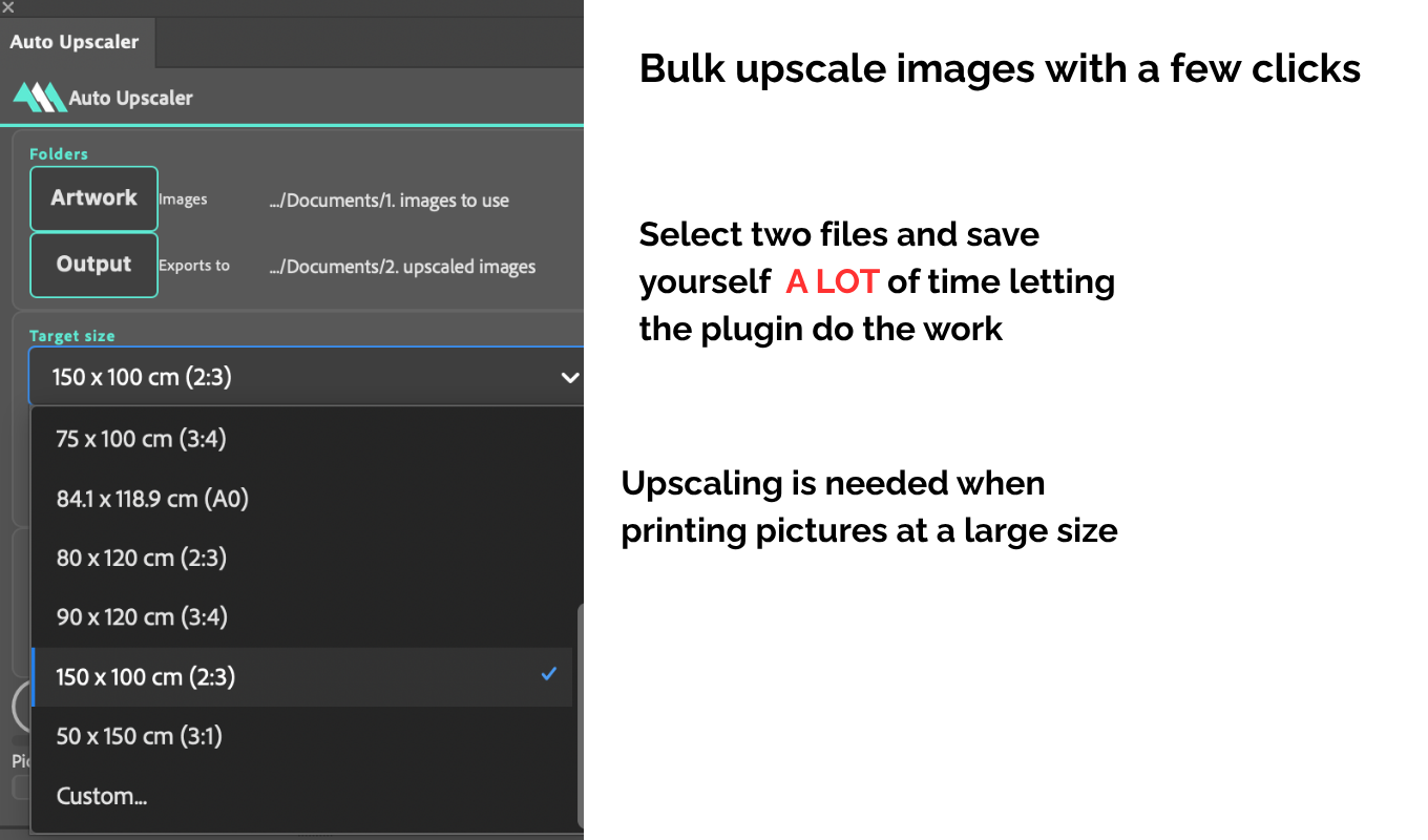 The Auto Upscaler panel with the target size dropdown open, showing presets including 75 by 100 cm, A0, 80 by 120 cm, 90 by 120 cm, 150 by 100 cm, 50 by 150 cm and a custom option.