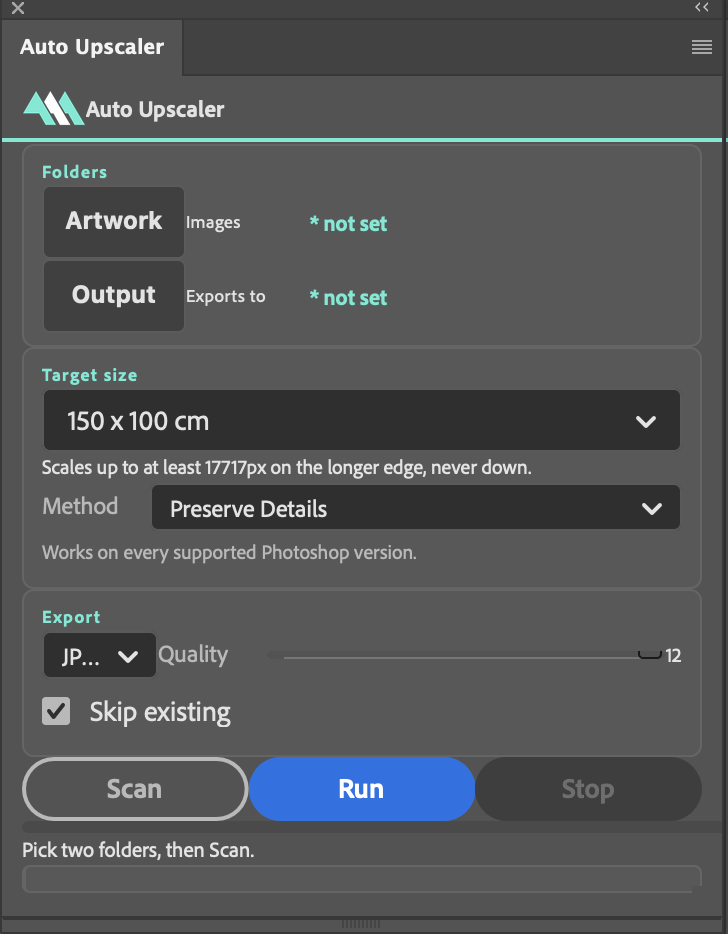 The Auto Upscaler panel showing the target size dropdown, the method dropdown set to Preserve Details, and export settings.