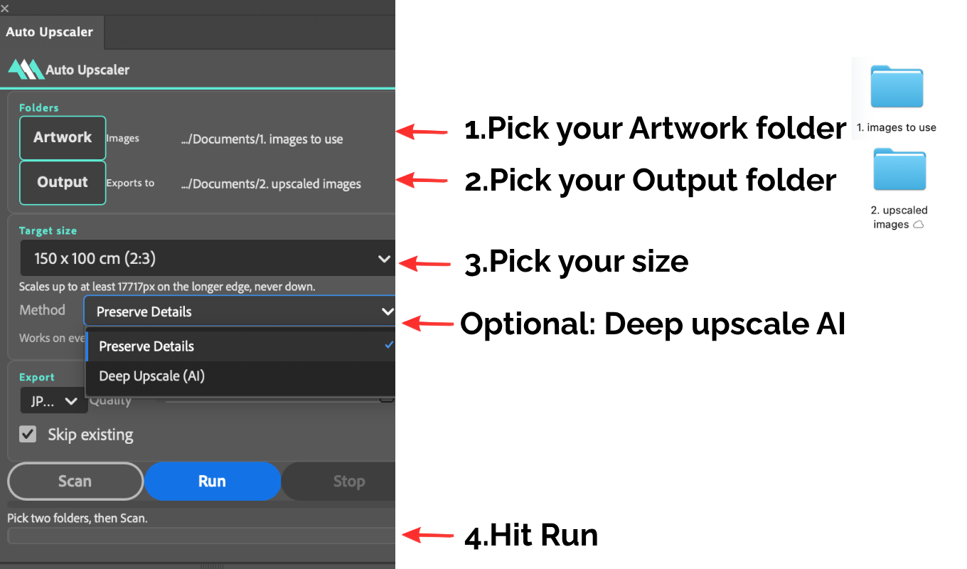 The Auto Upscaler panel annotated with four numbered steps: pick your Artwork folder, pick your Output folder, pick your size, and hit Run. A fifth note marks the optional Deep Upscale AI method.