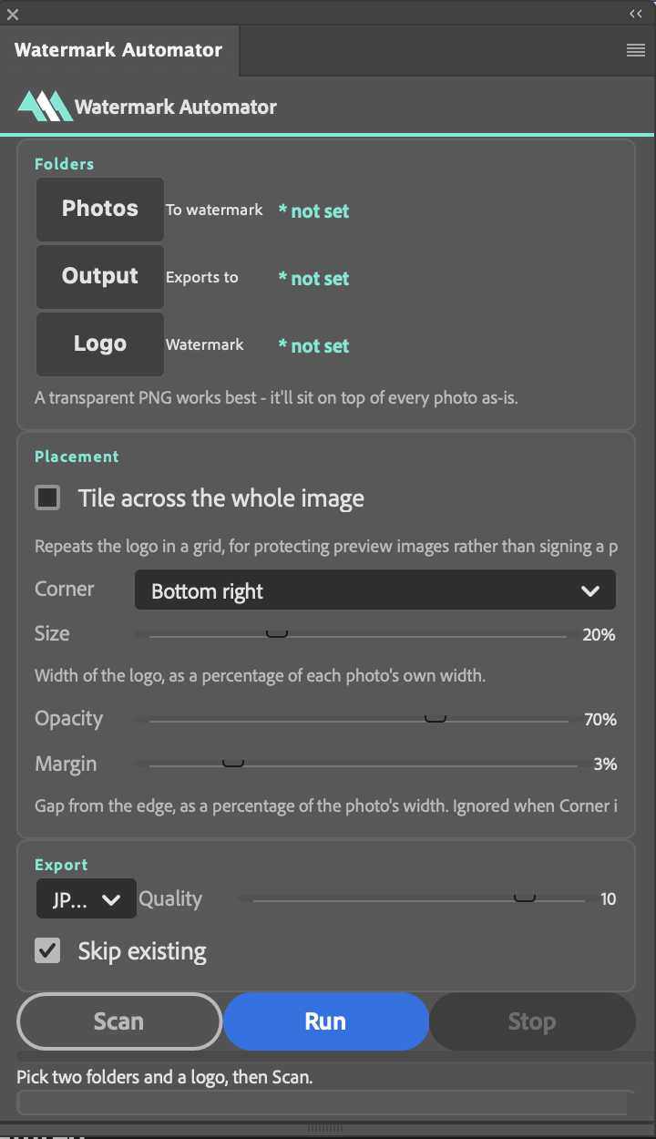 The Watermark Automator panel showing the Photos, Output and Logo folder buttons, the tile checkbox, corner, size, opacity and margin controls, and export settings.