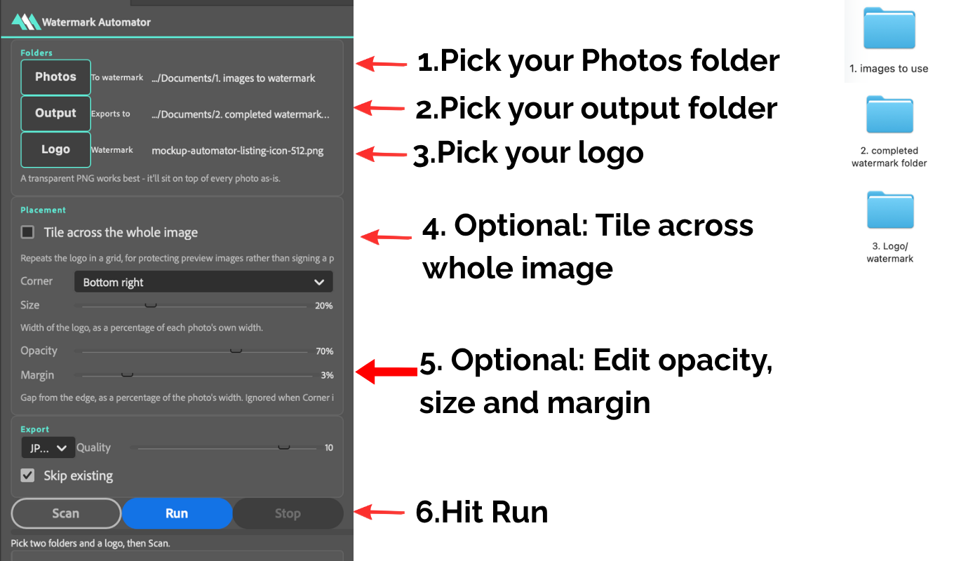 The Watermark Automator panel annotated with numbered steps: pick your photos folder, pick your output folder, pick your logo file, optionally tile across the whole image, optionally adjust opacity, size and margin, and hit Run.