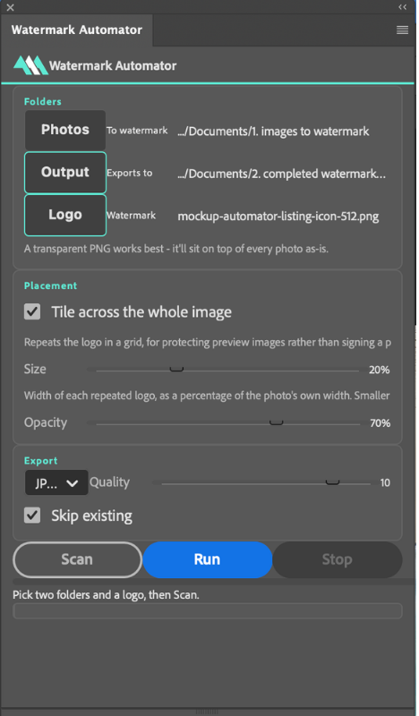 The Watermark Automator panel with Tile across the whole image switched on, which replaces the corner and margin controls with just size and opacity.