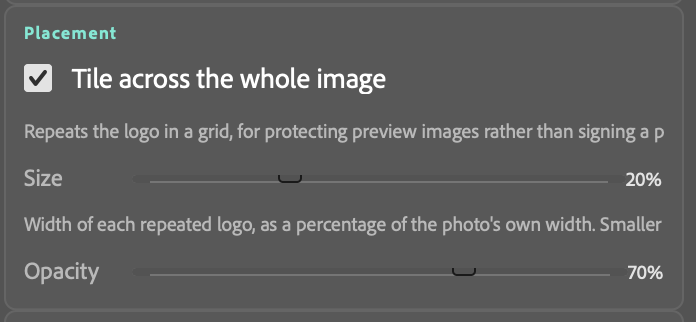The Placement section with tile mode ticked, showing only the size and opacity sliders.
